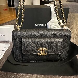 Chanel Pocket Twins Clutch on Chain Black Caviar and Gold Hardware